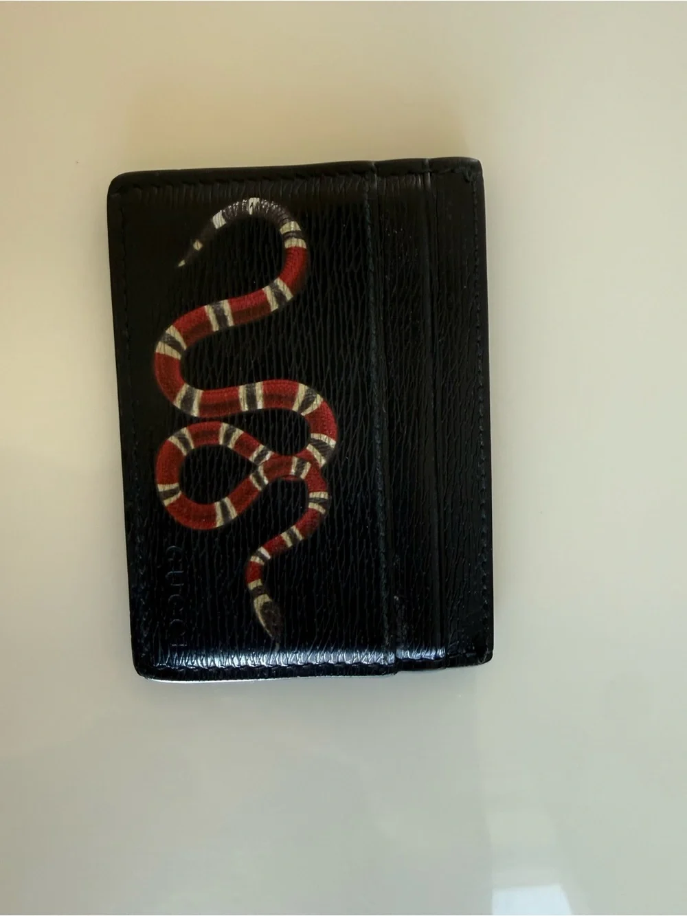 Gucci Black Leather Card Holder with Red and White Snake Motif